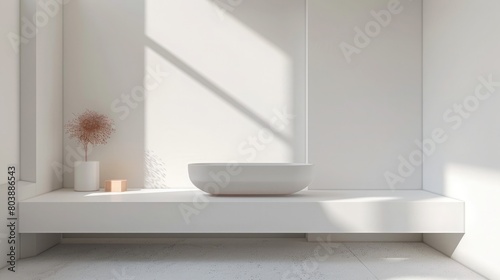 A minimalist  white podium  with a simple design  set against a backdrop of a minimalist  white bathroom.