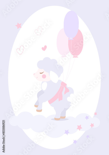 A little happy sheep, lamb, flying on balloons. Vector illustration, card for celebration, Eid Adha, Eid Mubarak, Muslim holiday. It maybe also card for newborn, shower party, birthday, congratulation