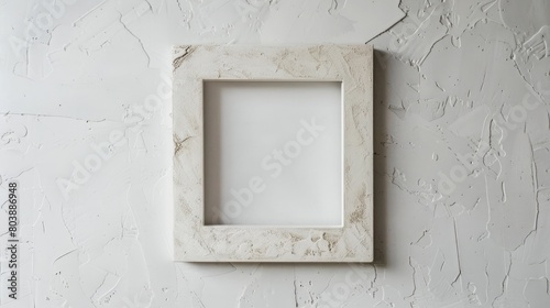 A minimalist, square frame with a textured surface, its subtle design adding depth and texture to the pure white backdrop. © Ambreen