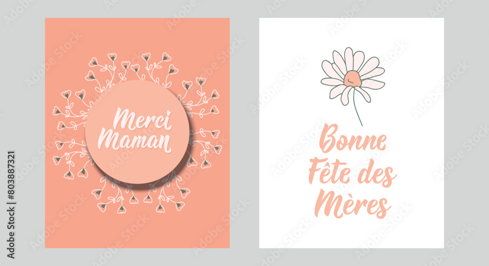 Set of Mother's Day cards. Text in French - Happy Mother's Day, Thank you mom. Holidays lettering. Ink illustration. Postcard design.