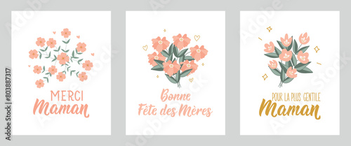 Set of Mother s Day cards. Text in French - Happy Mother s Day  Thank you mom  For the nicest mom. Holidays lettering. Ink illustration. Postcard design.