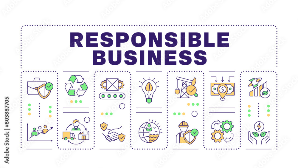 Responsible business word concept isolated on white. Corporate earth friendly. Social responsibility. Creative illustration banner surrounded by editable line colorful icons. Hubot Sans font used