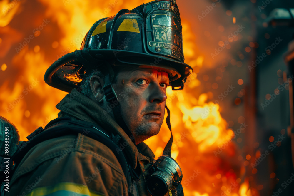Firefighter in protective gear standing in front of a blazing fire, looking serious and determined. Firefighter in protective gear standing in front of a blazing fire, looking serious and determined.