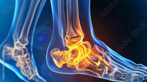 An x-ray of a person's ankle. The ankle is highlighted in yellow. photo