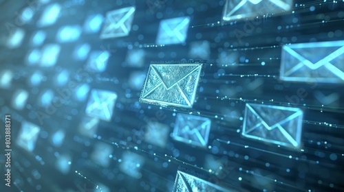 Blue email icon on a blue background with a particle effect.