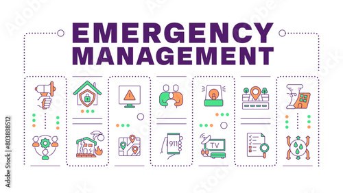 Emergency management word concept isolated on white. Fire detection systems. Home security, disaster. Creative illustration banner surrounded by editable line colorful icons. Hubot Sans font used