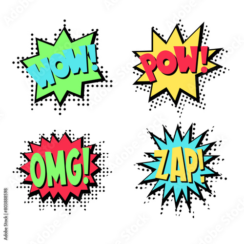 Set comic speech bubbles with text POW, WOW, OMG and ZAP.