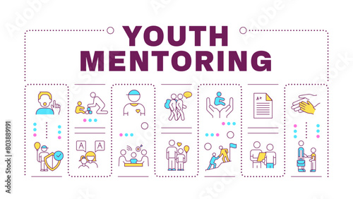 Youth mentoring word concept isolated on white. Skill development, holistic growth. Self assurance. Creative illustration banner surrounded by editable line colorful icons. Hubot Sans font used