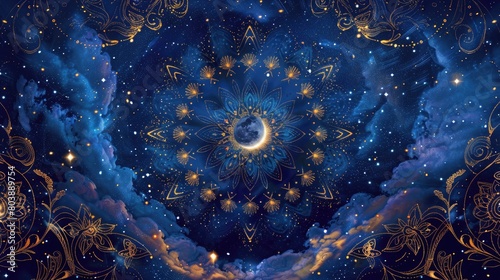 a mandala that pays homage to the beauty of the night sky, with sparkling stars and a crescent moon.