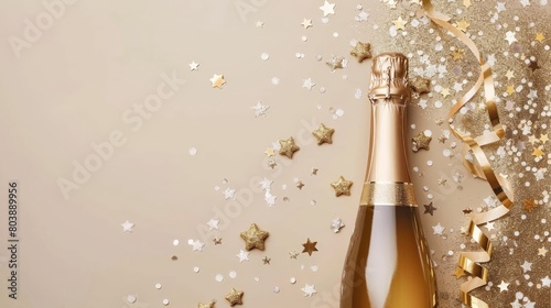 Gold champagne bottle with stars and confetti on beige background. photo