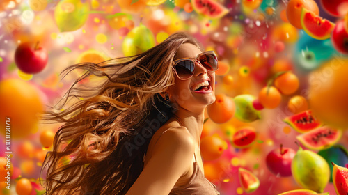 An energetic woman with long brown hair and sunglasses,