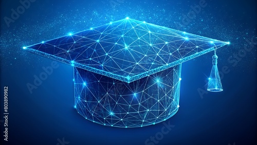 Abstract low poly wireframe of digital modern education concept with graduation hat on blue background. © MdNazim