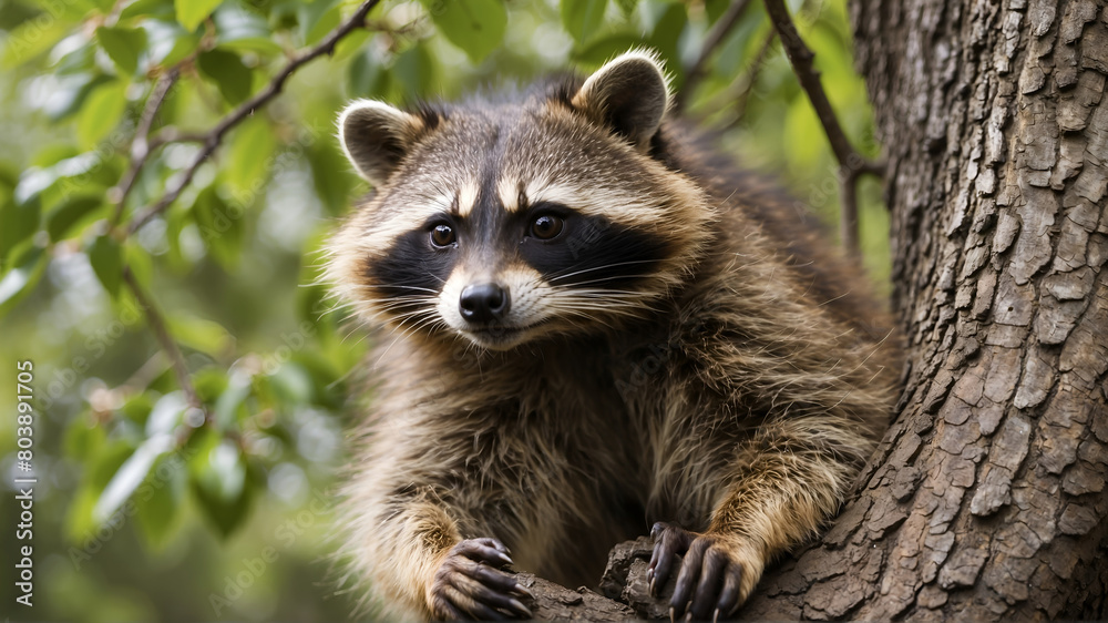 Portrait of racoon on tree 