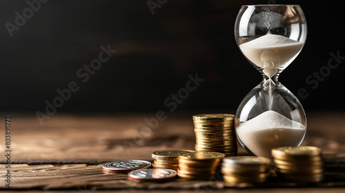 An hourglass with sand and a stack of coins on a wooden table against a dark background,