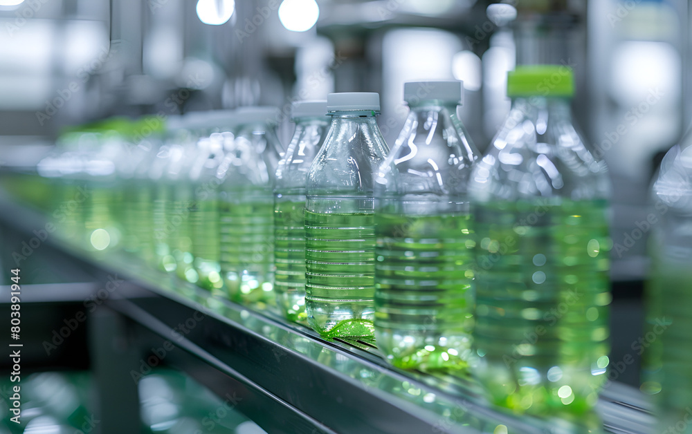 Line of bottling beverages in plastic bottles on clean light factory. Drinking water factory, Bottles on a factory conveyor belt with Automatic line for packing drinking water into glass or plastic co