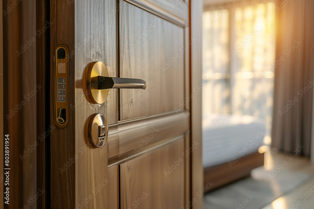 Obraz premium hotel room door with digital card handle open, close up shot of the closed wooden bedroom doors in luxury modern hotel or apartment , blurred background with bed and sunlight, closeup of metal lock on