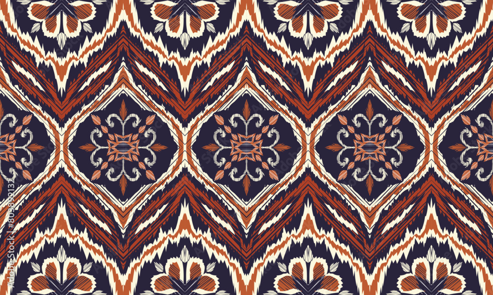 Hand draw ikat border. Geometric folk ornament. Ink on clothes. Tribal vector texture. Seamless striped pattern in Aztec style. Ethnic embroidery.great for textiles, banners, wallpapers, wrapping.