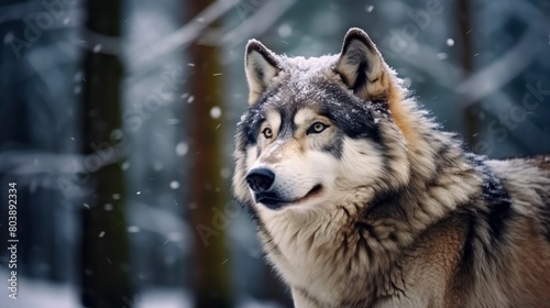 Portrait of a wolf in the winter forest