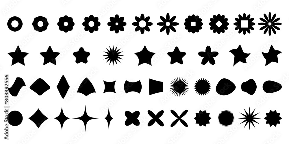 Fototapeta premium Set of abstract aesthetic y2k geometric shapes and elements. Black white retro vector primitive figure.