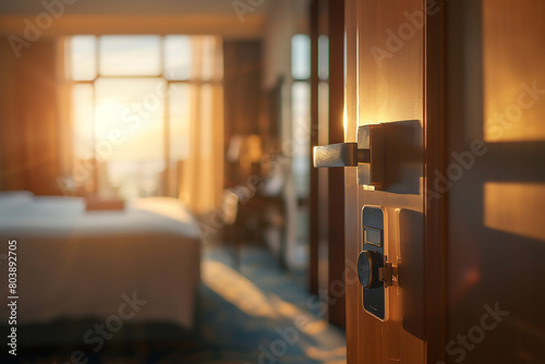 hotel room door with digital card handle open, close up shot of the closed wooden bedroom doors in luxury modern hotel or apartment , blurred background with bed and sunlight, closeup of metal lock on