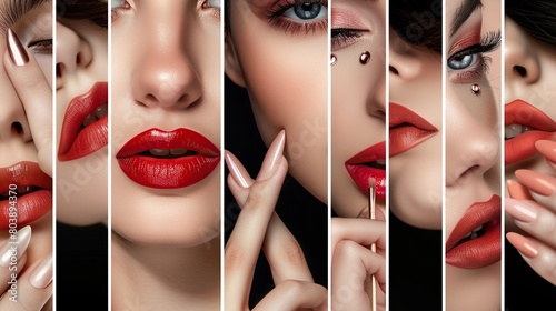 A collage of close-up images of lips, eyes, and hands. The lips are painted with different shades of nude lipstick and the hands are manicured with different shades of nail polish. photo
