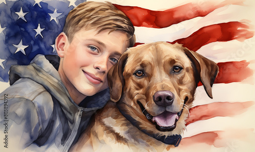 Watercolour portrait cool teenager wirh dog against the background of the American flag, watercolor portrait, 4th of July , Independence Day concept. photo