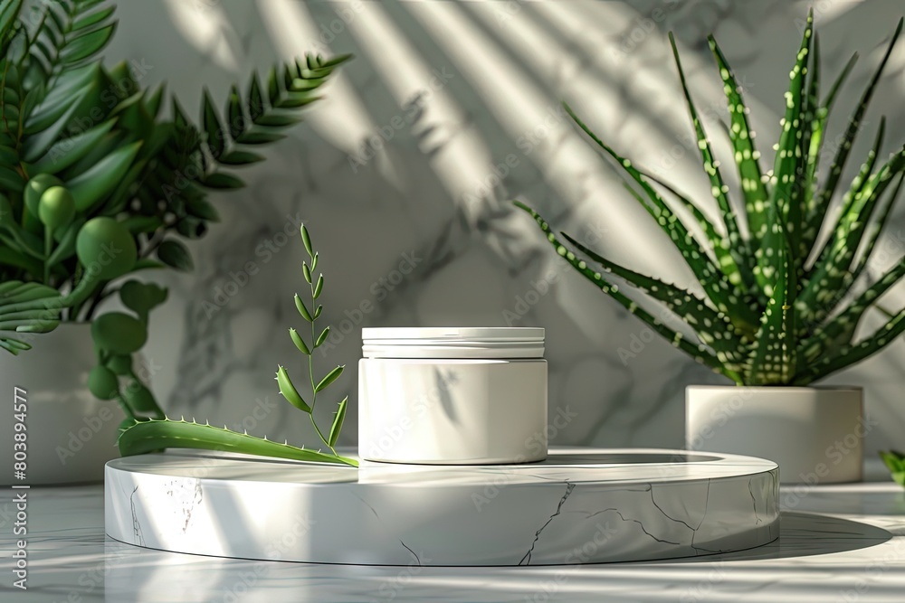 Minimal white cosmetics product presentation scene made with empty white pedestal on white marbel background with leaves shadow Minimal white cosmetics product presentation scene made with empty white pedestal on white marbel background with leaves shadow