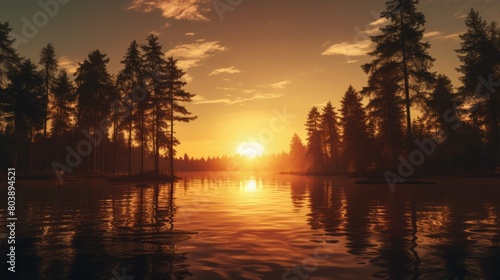 Sunrise over a lake with trees in the middle in the style of light amber and yellow