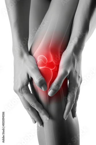 Knee injury, female legs with painful area highlighted in red.