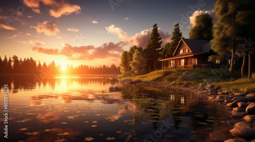 Beautiful shot of a lake dreamy rural house golden hour sunset Peaceful landscapes