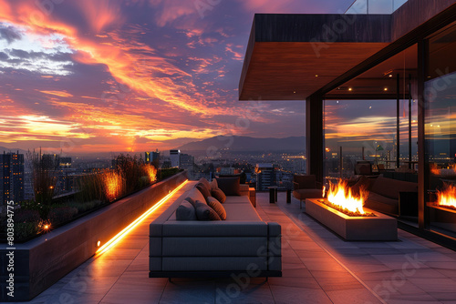 Modern rooftop terrace with a view over the city. Sunset and city lights. Evening on rooftop terrace with fire and the city in the background. © aqsa