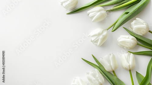 White tulips on a white background Mother's Day concept. Top view photo of bouquet of white and pink tulips on isolated pastel blue background with copyspace