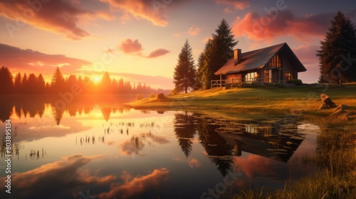 Beautiful shot of a lake dreamy rural house golden hour sunset Peaceful landscapes © MOUISITON