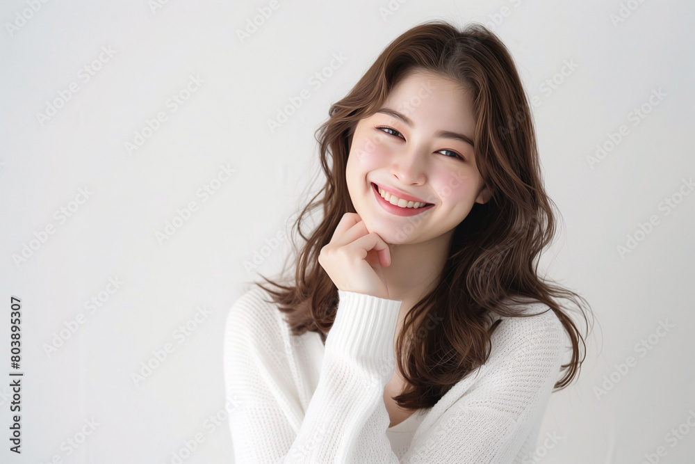 beautiful women smiling with breathtaking smiles, hand on chin pose, white background beautiful women smiling with breathtaking smiles, hand on chin pose, white background