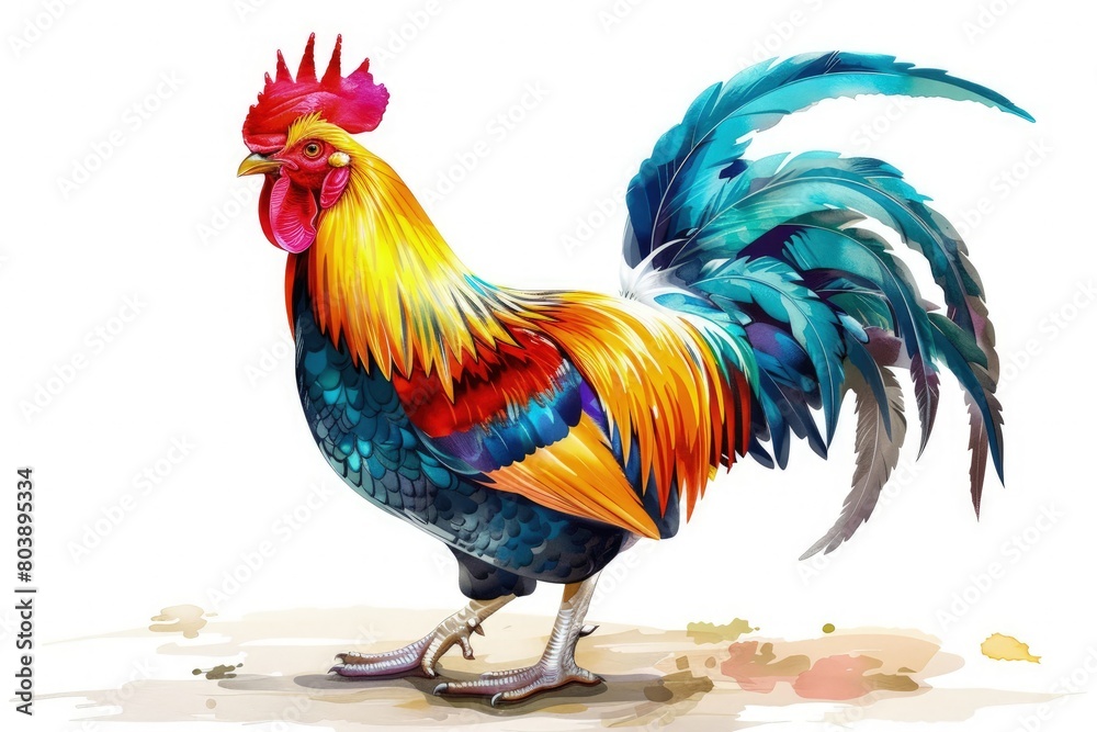 A rooster, its elegant movements and vibrant colors capturing attention against a pure white background.