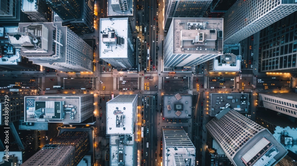 Downtown Skyline at Dusk: Urban Business District Aerial View