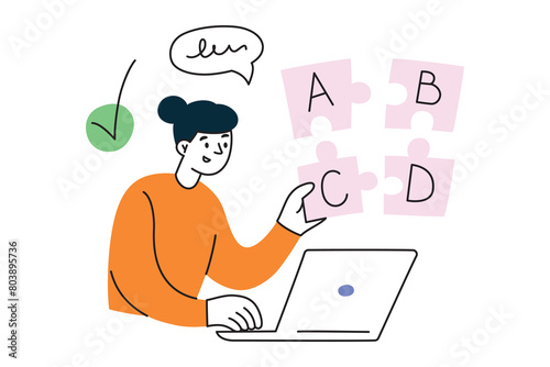 Person working on a project, learning on laptop, creating a presentation or report, online exam composition, flat cartoon girl with computer, vector illustration of passing test on internet