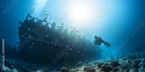 Photograph of people diving underwater historic wrecks adventure with water background
 photo