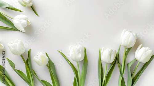 White tulips on a white background Mother's Day concept. Top view photo of stylish pink giftbox with ribbon bow and bouquet of tulips on isolated pastel pink background with copyspace #803896372
