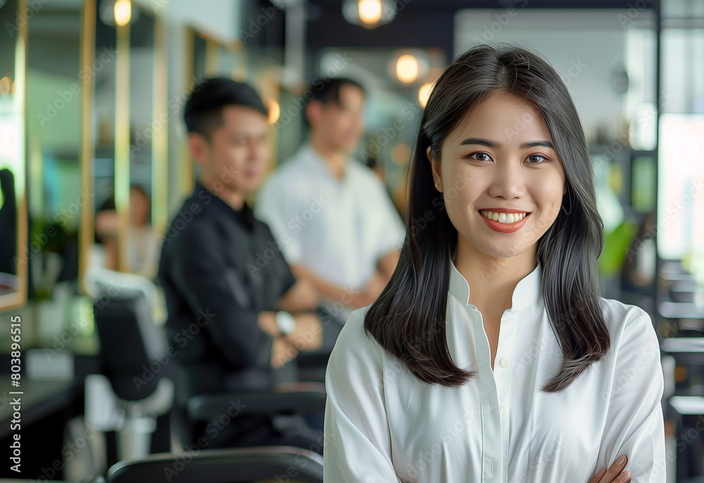 A smiling Thai smart woman hairdresser standing in her salon, looking at the camera with a relaxed and confident smile. In front of her is an empty chair for new clients to come sit in