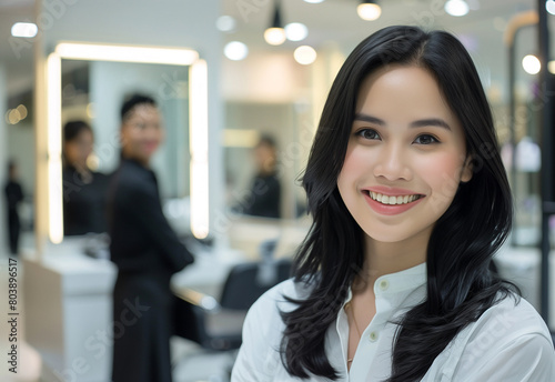 A smiling Thai smart woman hairdresser standing in her salon, looking at the camera with a relaxed and confident smile. In front of her is an empty chair for new clients to come sit in