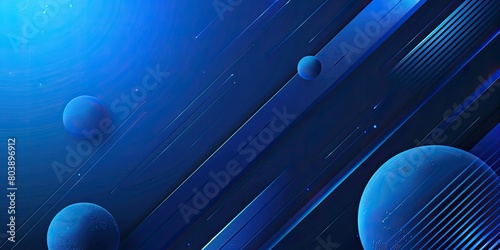 Blue background with diagonal lines and planet spheres, creating an abstract tech inspired design for banner or poster template. photo