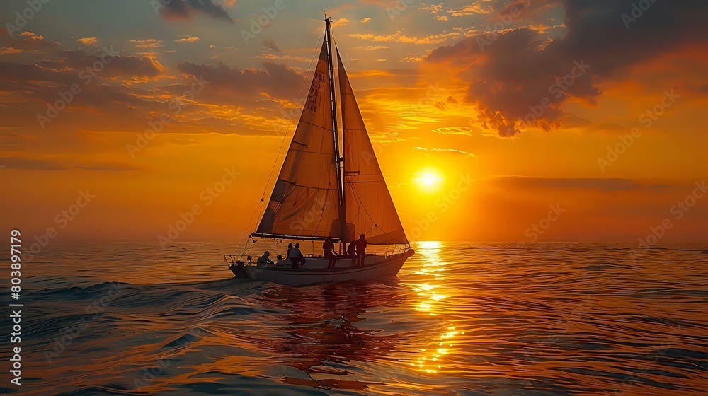Sailing Serenity: Three Figures Silhouetted Against a Glowing Sunset