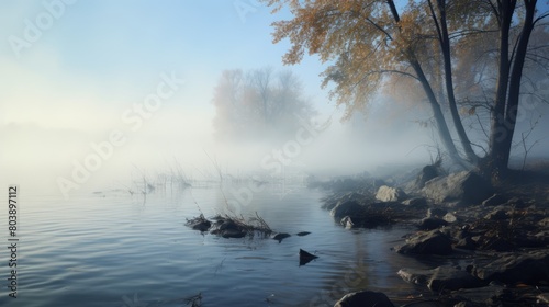 Fog over the water on a river dnieper on autumn photo