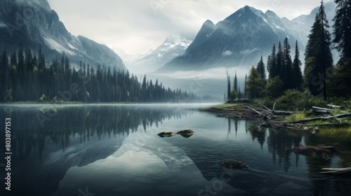 Foggy landscape showcasing serene lake amidst verdant trees and towering peaks photo