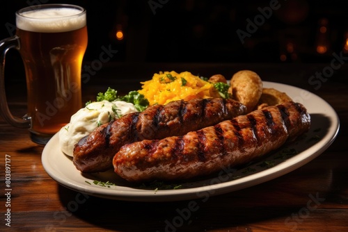 Grilled sausage and side dishes on a wooden table