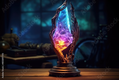 Glowing crystal lamp in dark fantasy setting