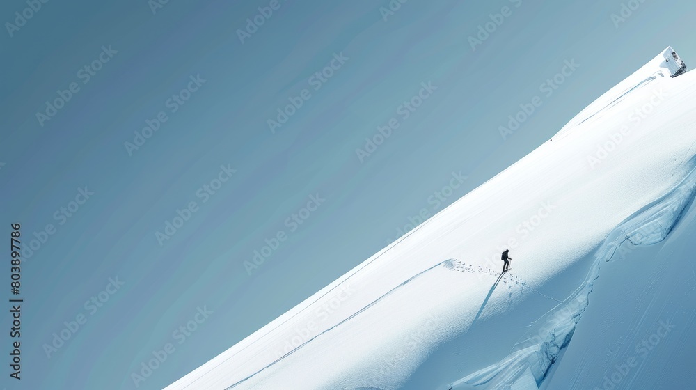 A lone skier ascends a pristine, snow-covered slope under a clear blue sky, showcasing the vastness of the wintry landscape. Created with Generative AI
