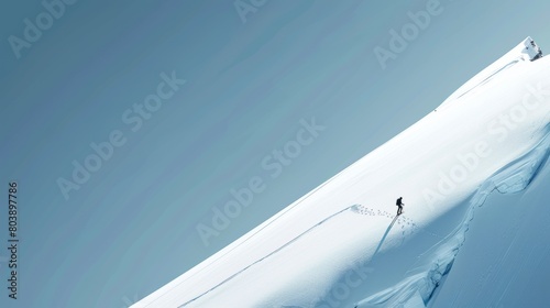 A lone skier ascends a pristine, snow-covered slope under a clear blue sky, showcasing the vastness of the wintry landscape. Created with Generative AI photo
