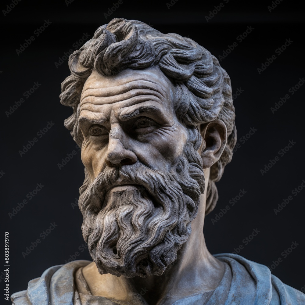 Detailed sculpture of an elderly man with a long beard and intense expression